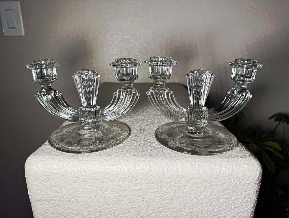 Vintage Depression Glass Double Arm Candelabra Pair Clear Etched Art Deco 1930s